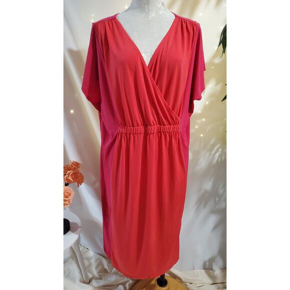 Catherines Crossover Surplice V-Neck Short Sleeve Midi Dress Size 1X Red Pink - Picture 1 of 8